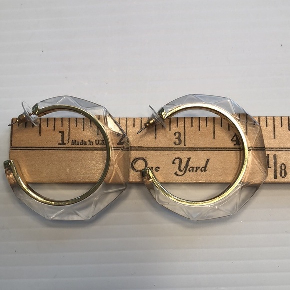 NEW Gottex 2 1/4” Hoopla Clear Lucite 18 KT Gold Plated Geometric Hoop Earrings - Picture 3 of 10